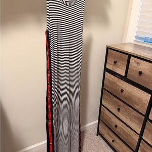 Striped Maxi Dress with Red & Navy Side Trim